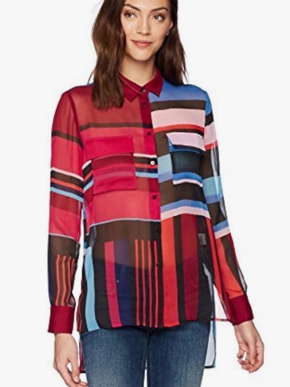 Desigual Multicolor Sheer Striped Button-Down Shirt